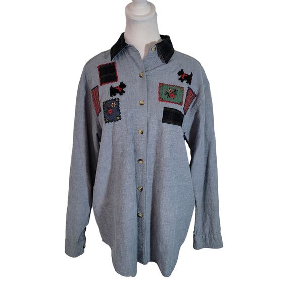 Donnkenny Classics Size M Chambray Scottish Terrier Plaid Swatch Blue Button Up - Picture 1 of 10